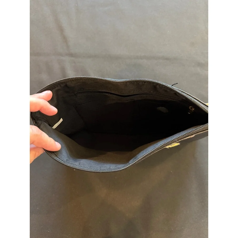 Black Faux Leather Patch Clutch Bag with Tassel Zipper Pull and Interior Pockets